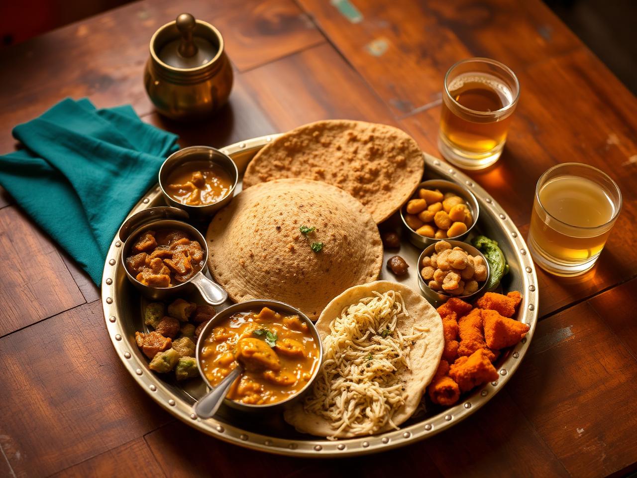 Traditional Gujarati Kutchi thali served on a brass platter