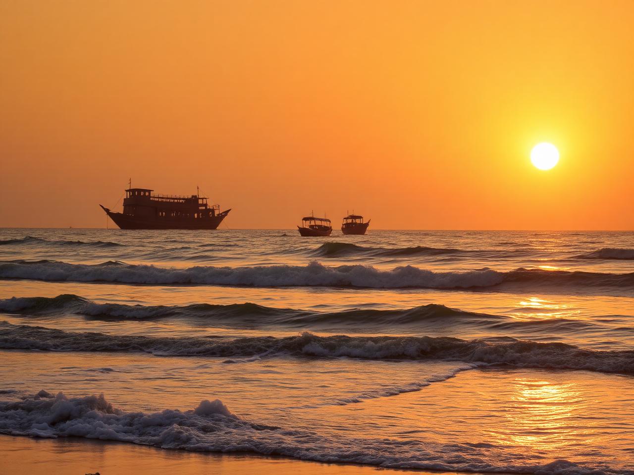 Sunset at Mandvi beach in Gujarat with wooden dhow boats