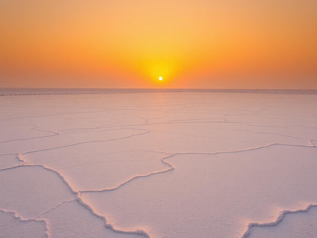 Golden sunset over the white salt flats of the Rann of Kutch